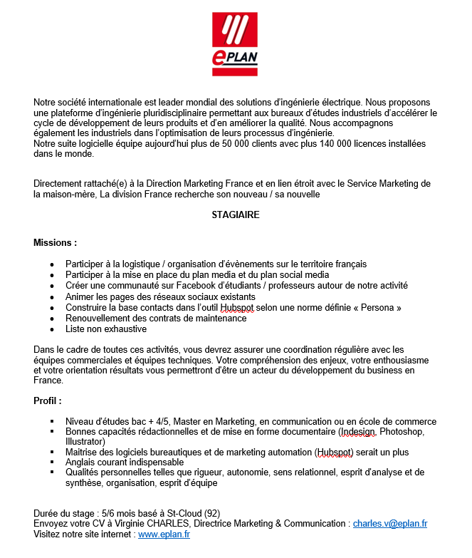 Offre - Stagiaire EPLAN FRANCE